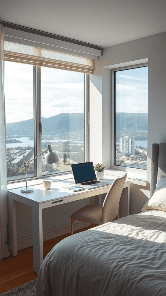 A cozy bedroom with a modern desk by the window, featuring a laptop, a plant, and a cup of coffee.