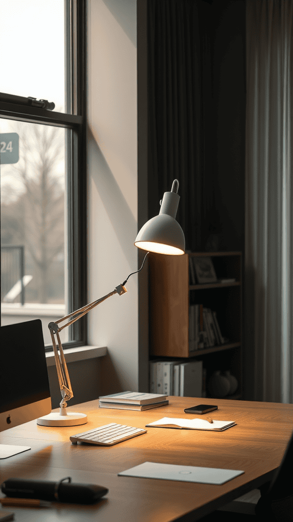 A well-lit workspace with a desk lamp illuminating a notebook and computer