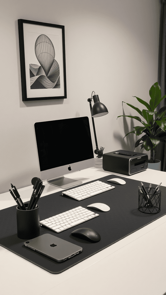 Modern office desk setup with computer, keyboard, mouse, desk lamp, plant, and organized accessories.