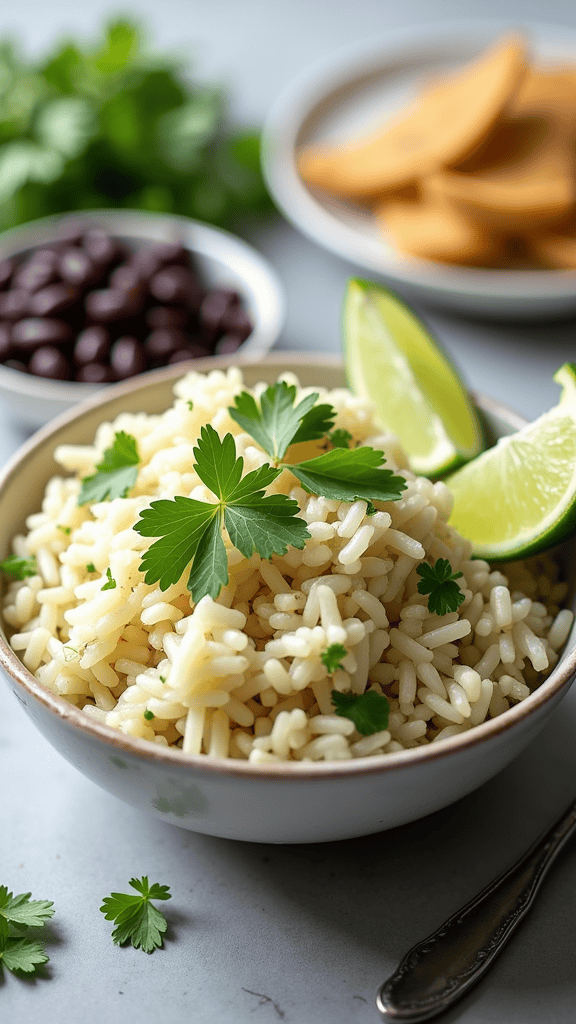 Bowl of cilantro lime rice with black beans and lime wedges, garnished with fresh cilantro.