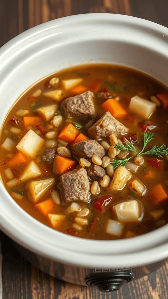 A bowl of classic beef and barley soup with chunks of beef, carrots, potatoes, and barley in a rich broth.