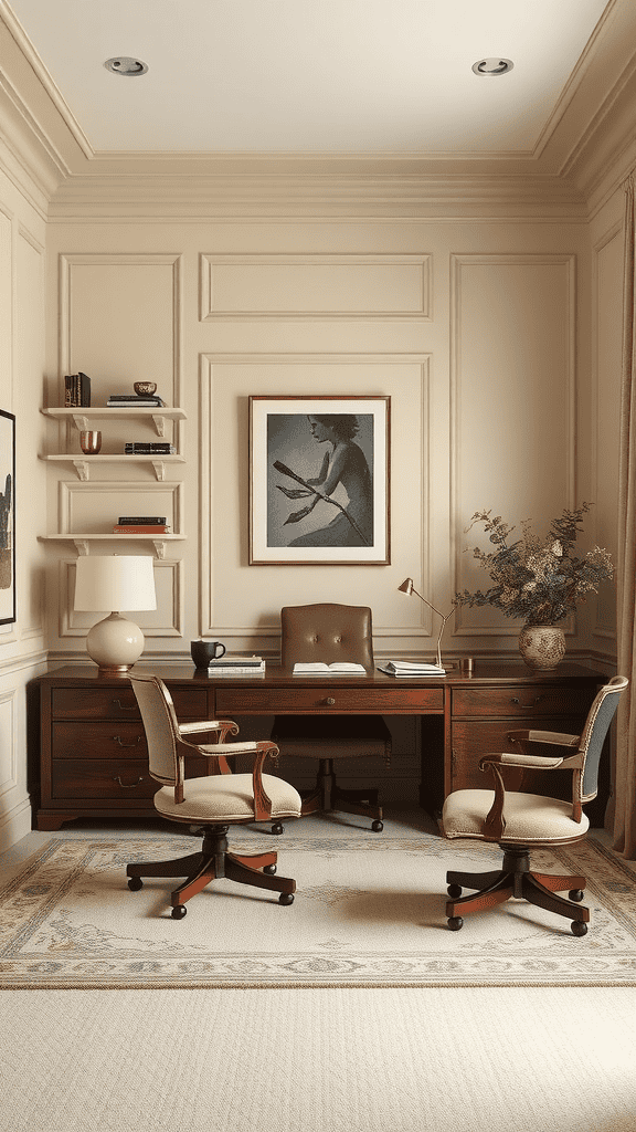 Elegant beige office space with a wooden desk, two chairs, and decorative elements.