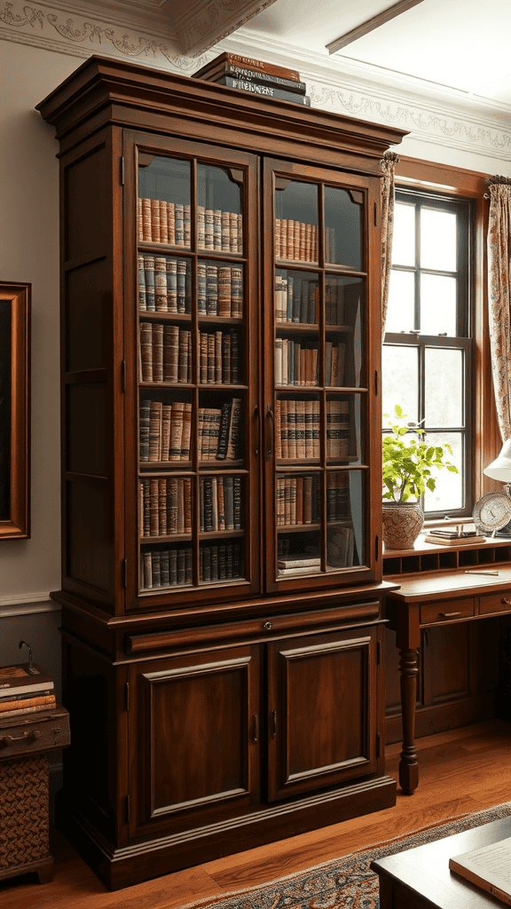 A classic wooden bookcase with glass doors, displaying a collection of books inside.