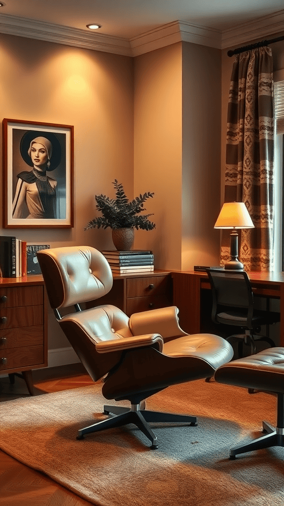 A vintage home office featuring a classic Eames lounge chair with an ottoman, warm lighting, and decorative elements.