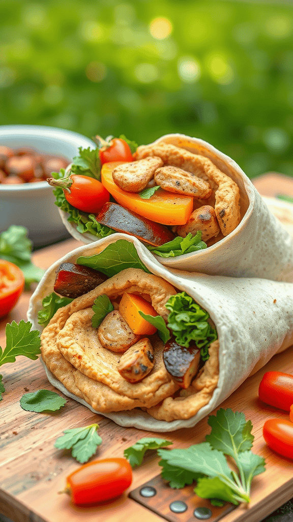 A close-up of classic hummus and roasted veggie wraps on a wooden board with cherry tomatoes and greens.