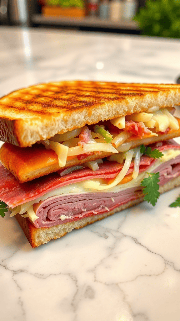 A close-up of a Reuben sandwich layered with meats and cheese, toasted to perfection.