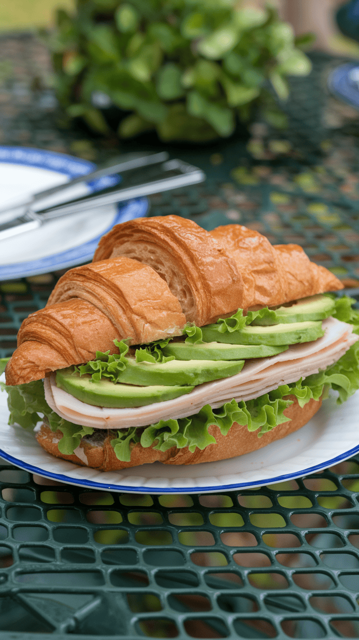 A delicious turkey and avocado croissant sandwich with lettuce on a plate