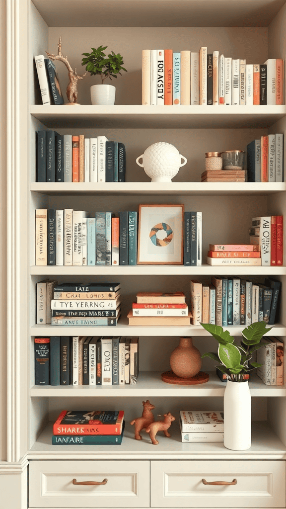 A stylish bookshelf filled with various books, decorative items, and plants, creating a cozy and feminine atmosphere.