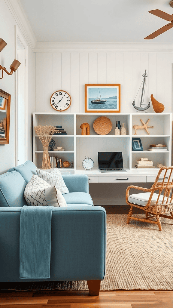 Cozy living room featuring a soft blue couch and coastal decor.