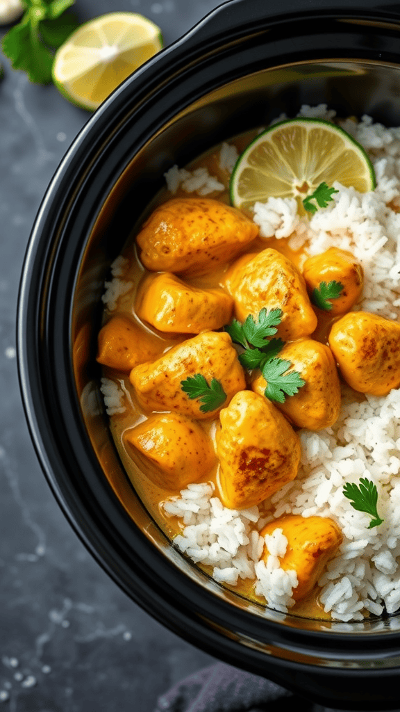 Coconut curry chicken with rice, garnished with cilantro and lime slices