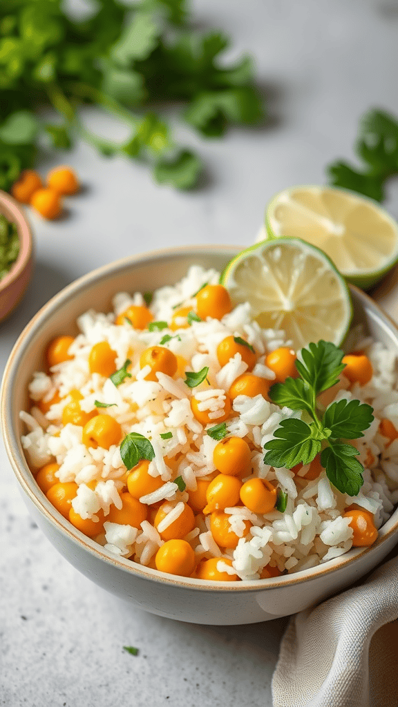 A bowl of Coconut Curry Rice with Chickpeas topped with fresh herbs and lime slices