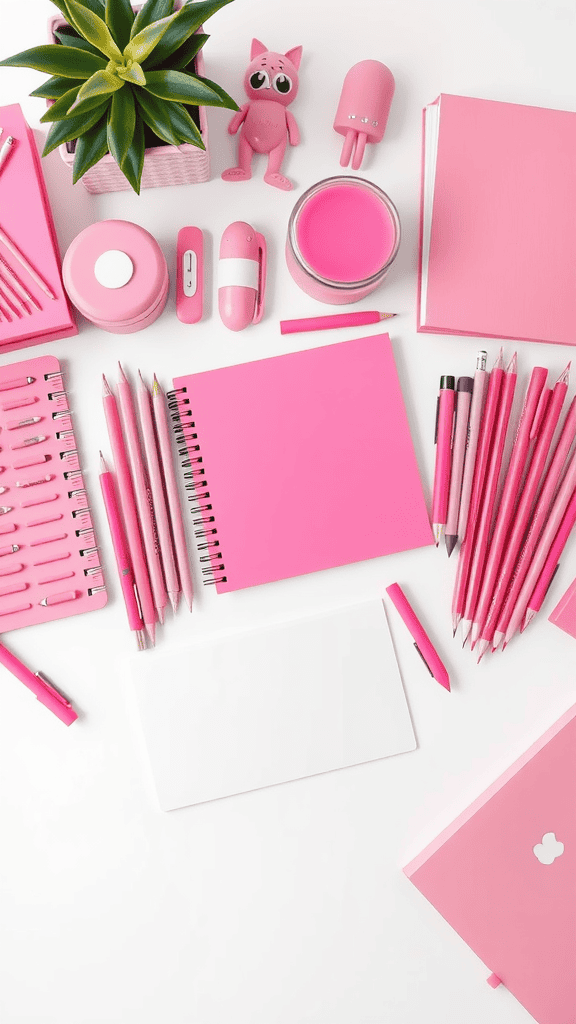 A flat lay of colorful pink stationery items including notebooks, pens, and a plant.