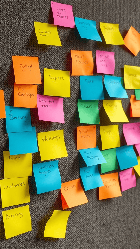 A wall covered with colorful Post-It notes in various colors and messages.