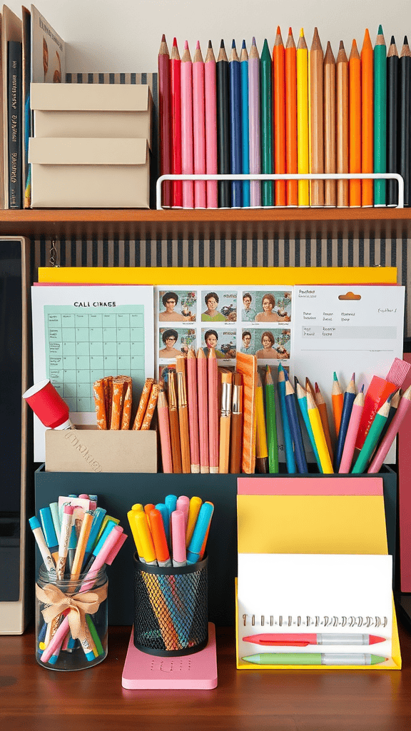 A colorful collection of stationery items, including pencils, pens, and notebooks arranged neatly on a desk.