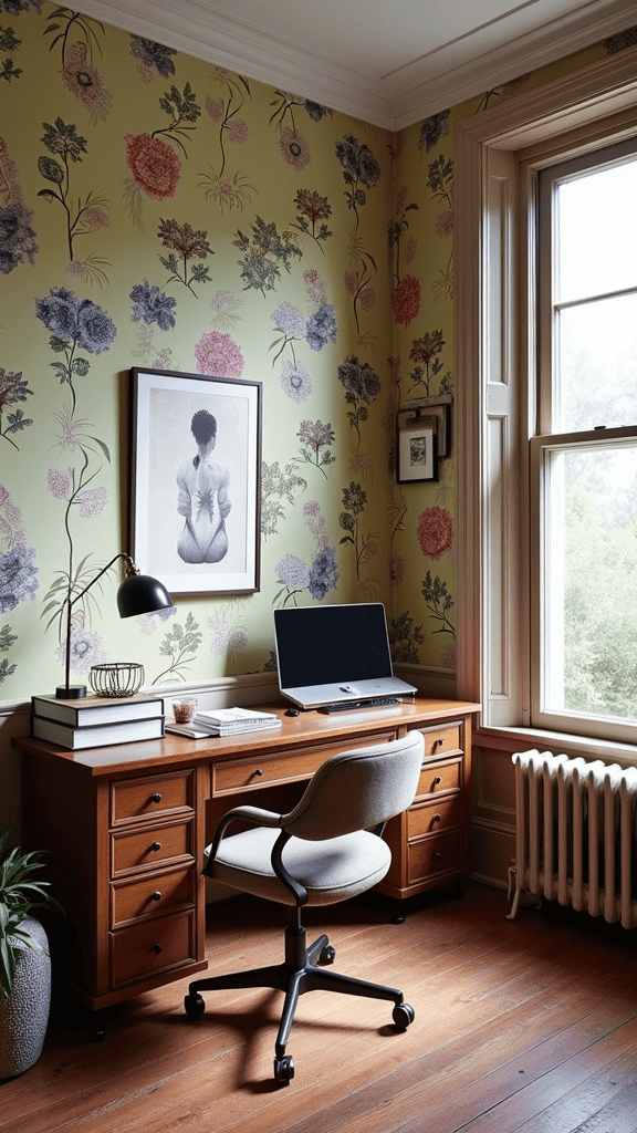 A cozy workspace featuring floral wallpaper, a wooden desk, and a modern chair.