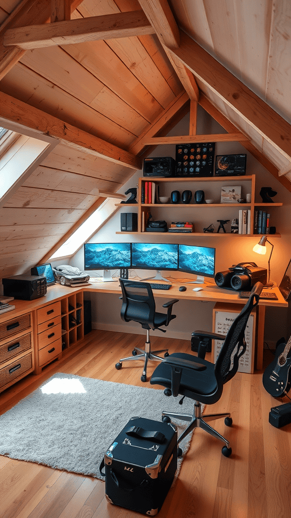 An attic workspace featuring dual monitors, an ergonomic chair, and shelves filled with various items.