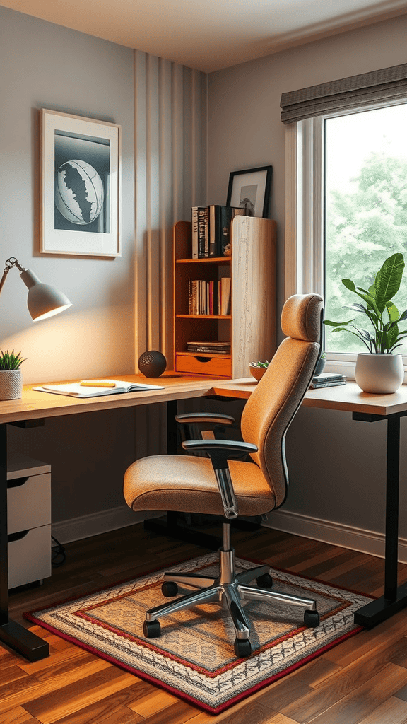 A cozy home office with a desk, ergonomic chair, and a plant by the window.