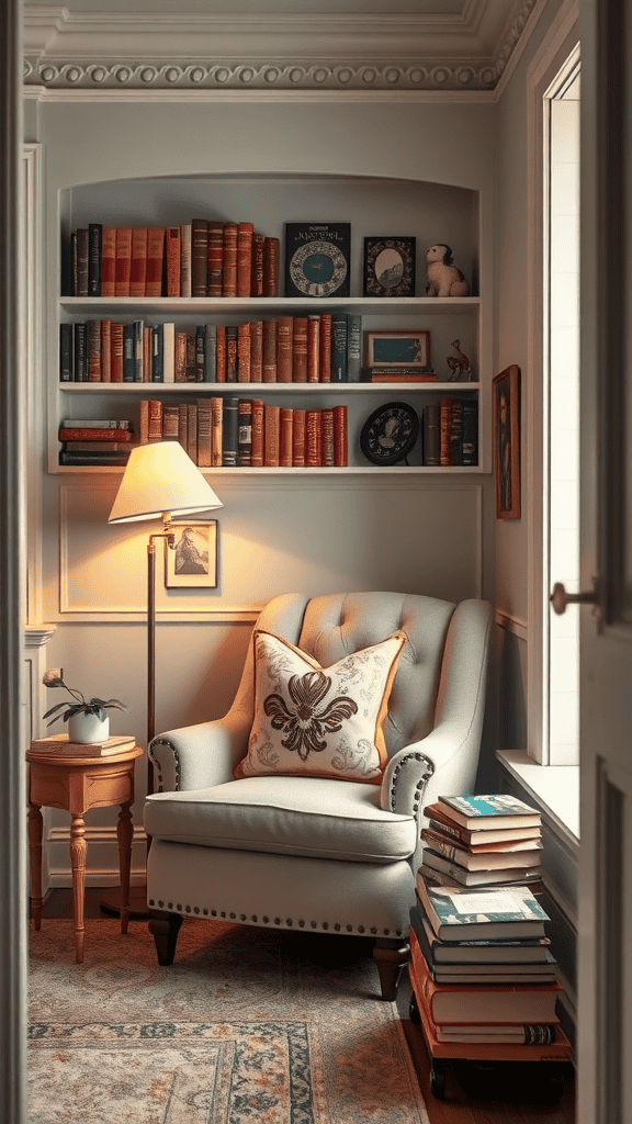 Cozy reading nook with an armchair, bookshelf, and soft lighting