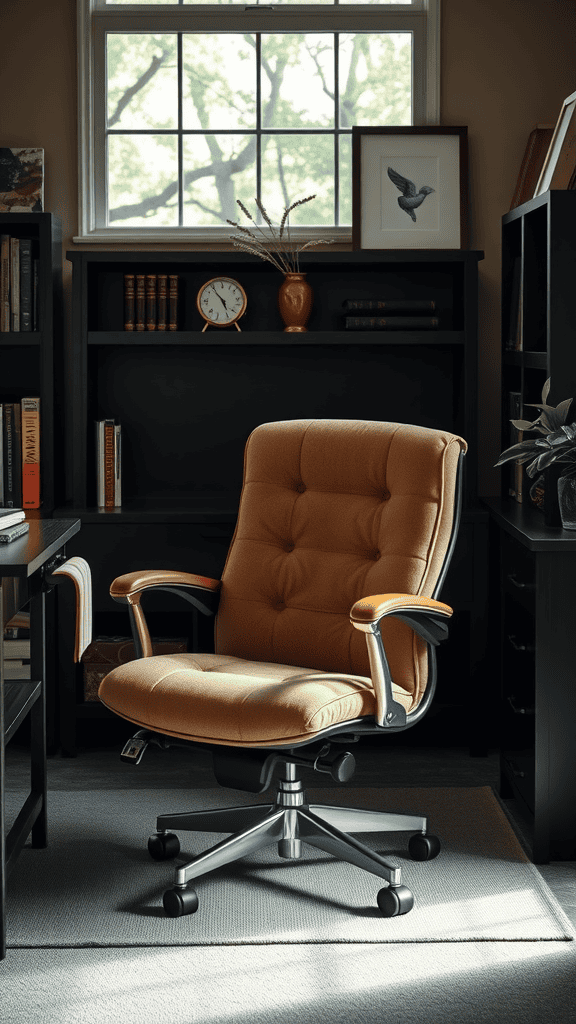 A comfortable office chair with armrests in a well-lit home office setting.