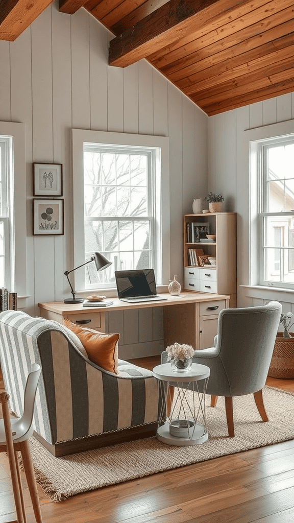 A cozy home office with stylish seating, a desk, and natural light