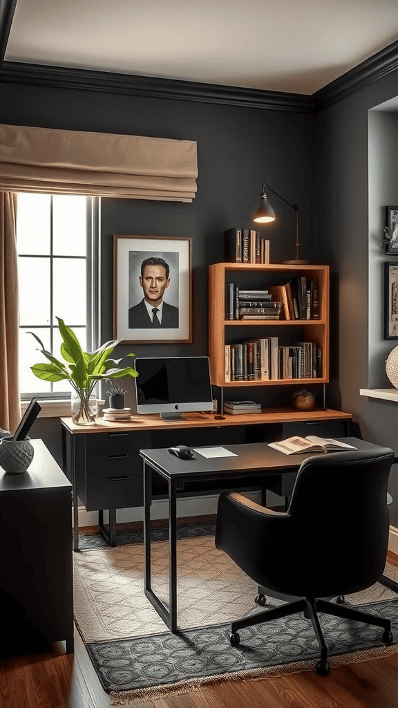 A cozy office space featuring dark walls, wooden furniture, and a plant.