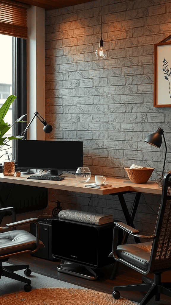 A cozy workspace featuring a desk with a computer, plants, and warm lighting.