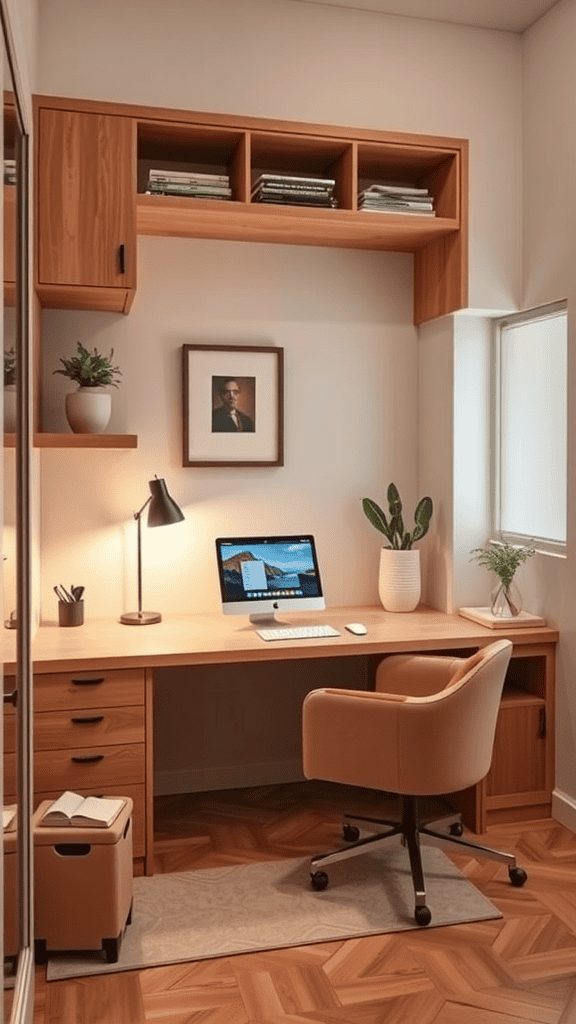 A stylish small home office with a wooden desk, chair, and shelves