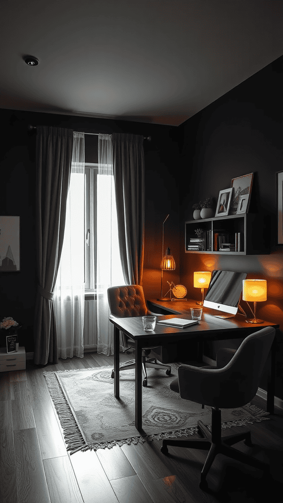 A cozy office space featuring dark walls, a desk with warm lamp lighting, and a large window with sheer curtains.