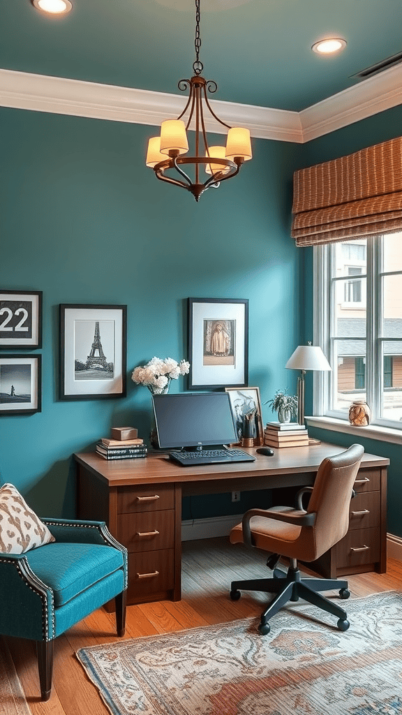 A well-decorated office space with teal walls, a wooden desk, and stylish decor elements.