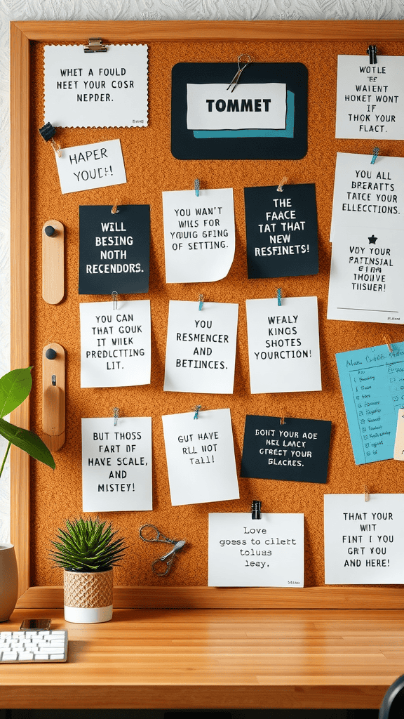 A corkboard filled with colorful notes and reminders, set up on a wooden desk.