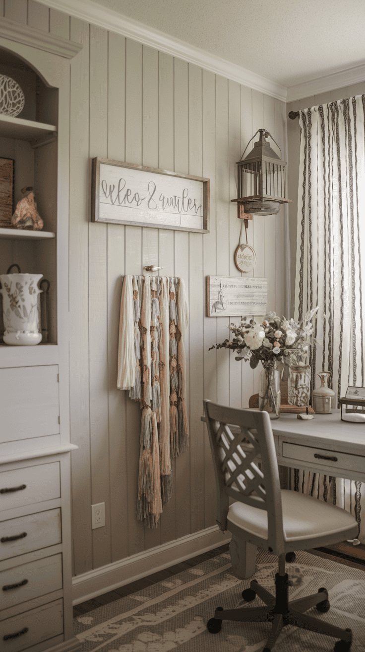 Cozy cottage style room with light gray paneling, a desk, floral decor, and rustic accents.