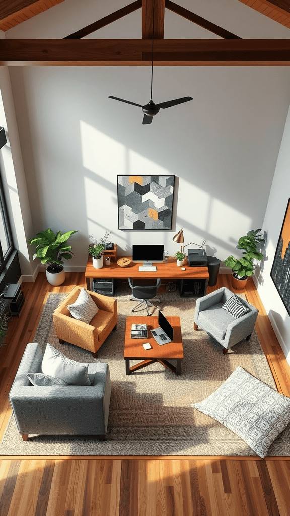 A modern living room with a cozy couch arrangement, perfect for socializing while working.