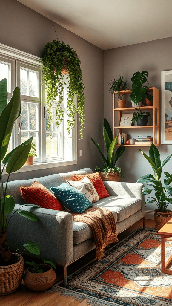 A cozy couch surrounded by various indoor plants, creating a fresh and inviting atmosphere.