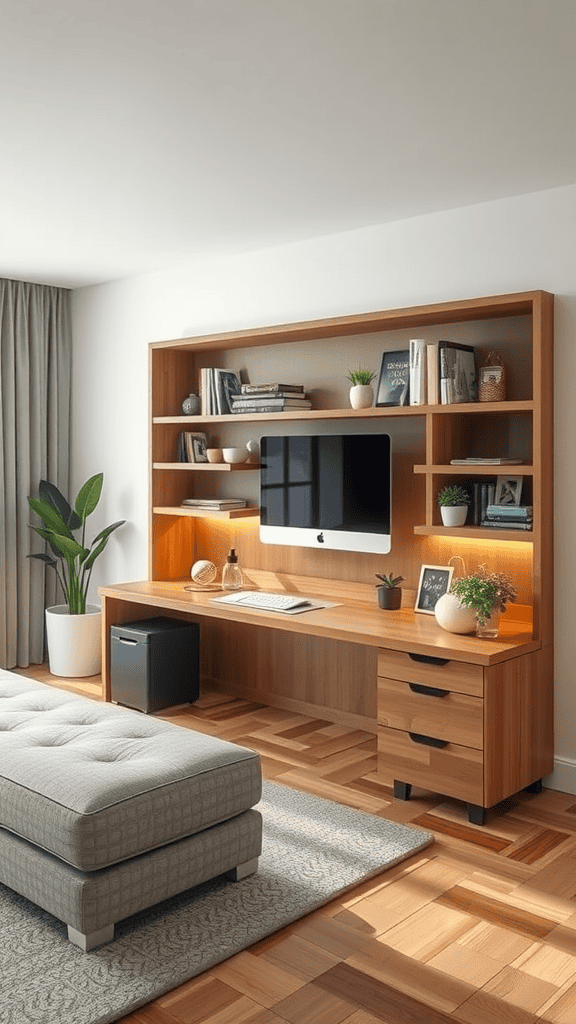 A modern living room featuring a couch and a stylish storage solution.