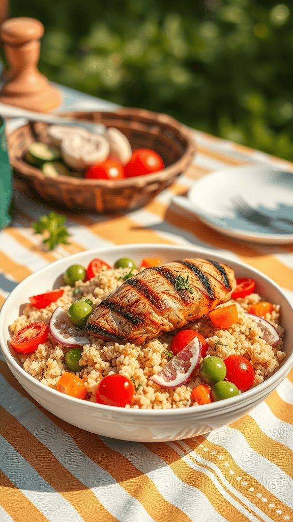 A colorful couscous salad topped with grilled chicken, cherry tomatoes, and olives on a striped tablecloth.