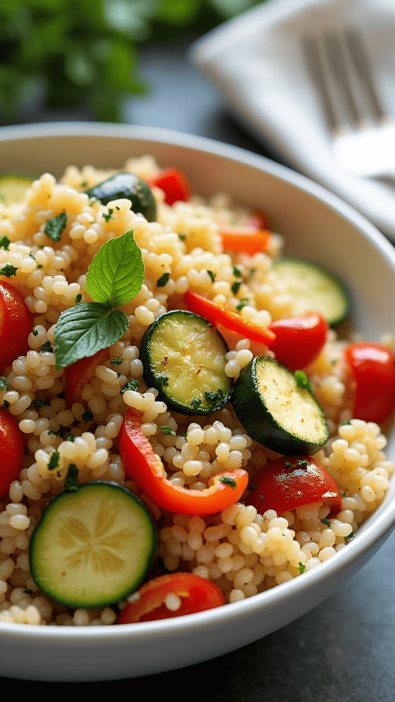 A bowl of couscous salad with roasted zucchini, bell peppers, and cherry tomatoes topped with fresh mint leaves.