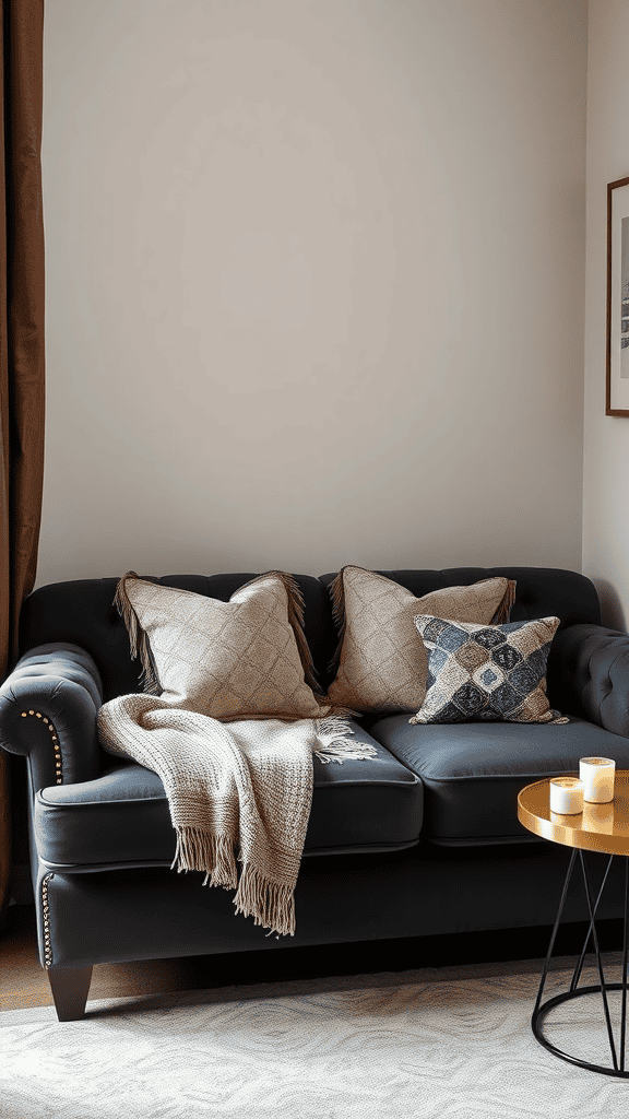 A cozy corner featuring a velvet sofa with decorative pillows and a warm throw, complemented by a small table with candles.