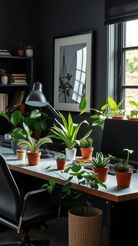 A cozy desk arrangement featuring various potted plants in an office setting.