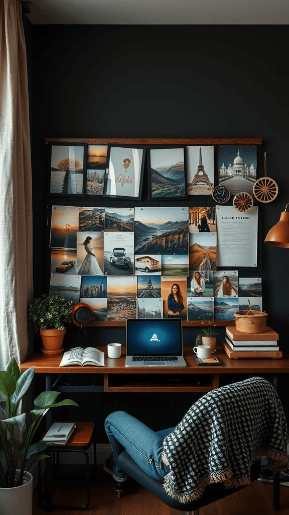 A cozy workspace featuring an inspiration board with photos and decorative elements.