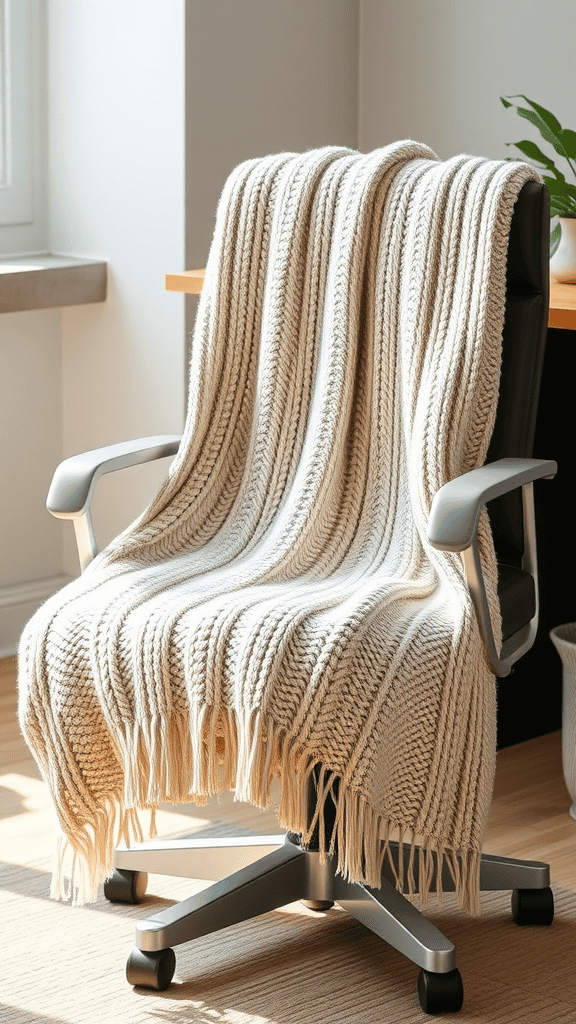 A cozy knitted throw blanket draped over an office chair, adding warmth to the room.