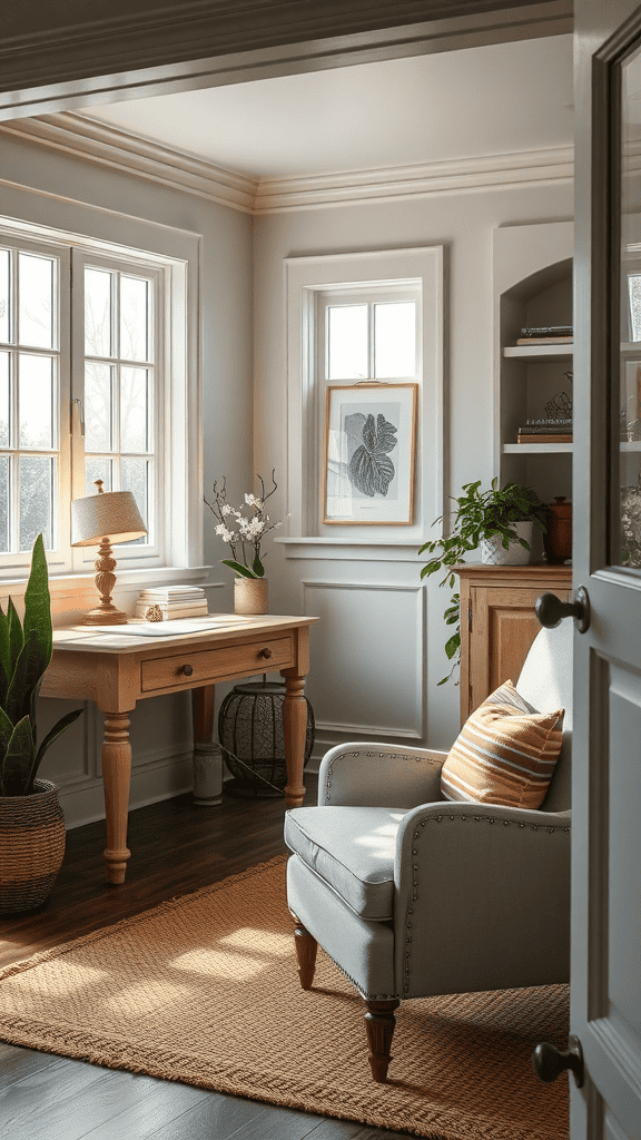 A cozy room with a wooden desk, comfortable chair, and plants, designed for work and relaxation.