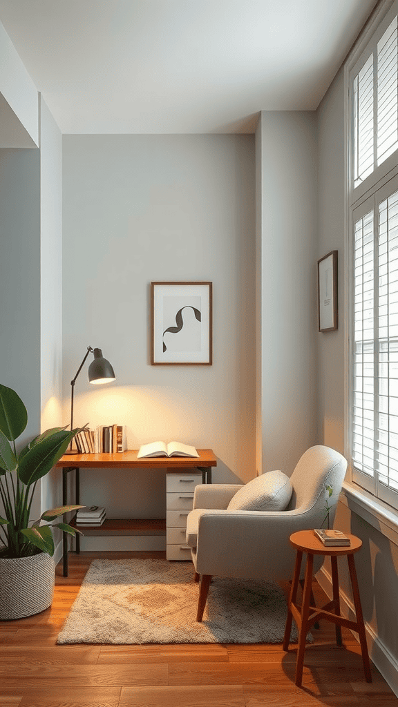 A cozy reading nook featuring a comfortable chair, a small table, a stylish lamp, and a desk filled with books.