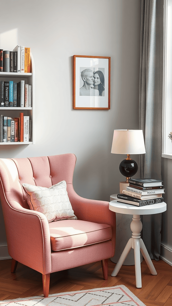 A cozy reading nook featuring a pink armchair, a side table with books, and a lamp.