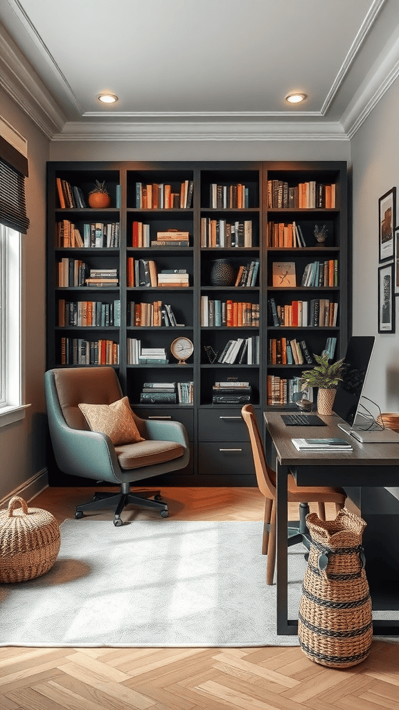 A cozy reading nook with a comfortable chair, a bookshelf filled with books, and a desk in a warmly lit room.