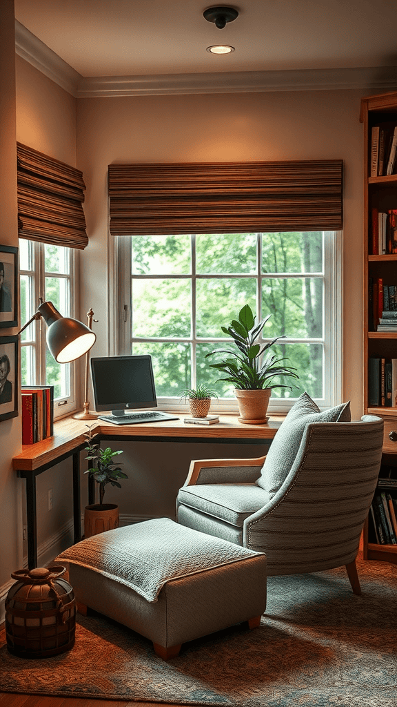 A cozy reading nook with a chair, ottoman, and a desk by a window surrounded by bookshelves.