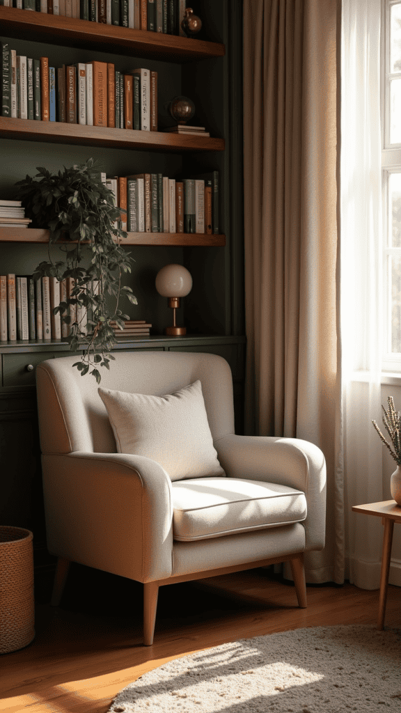 A cozy reading nook with a comfortable chair, bookshelves, and soft natural light.