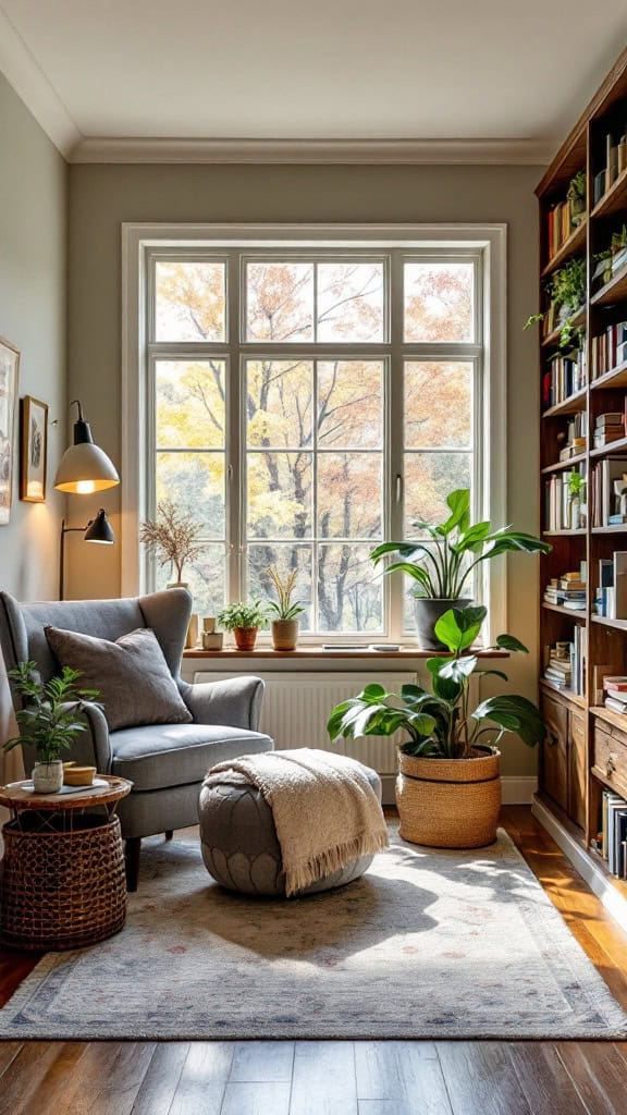 A cozy reading nook featuring a gray armchair, natural light from a large window, plants, and a warm atmosphere.