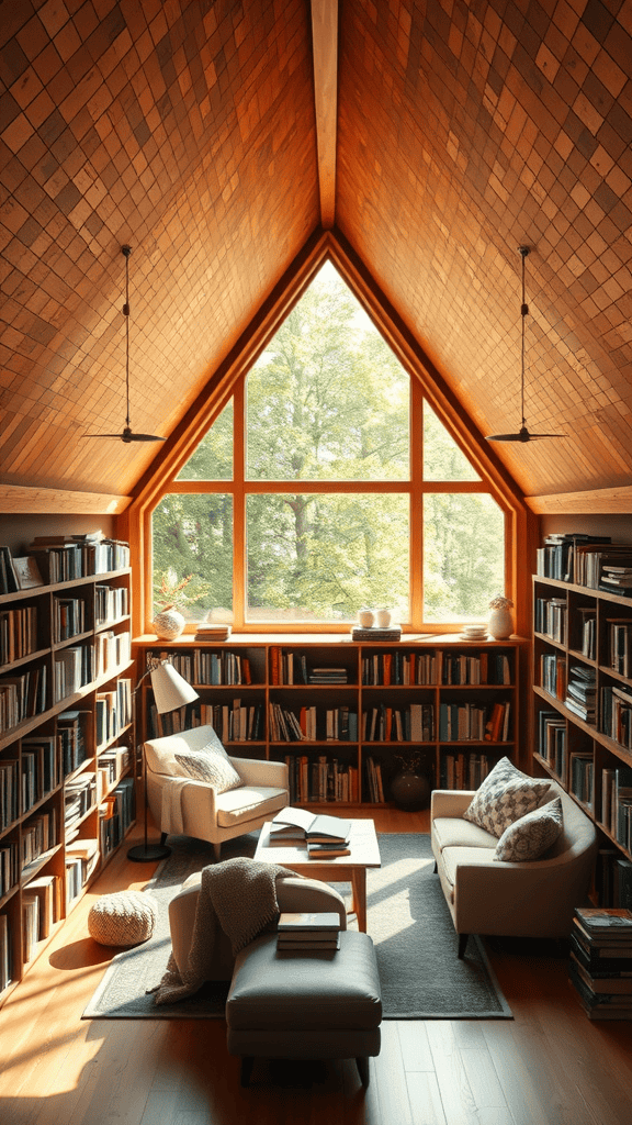 Cozy attic reading nook with large window and bookshelves