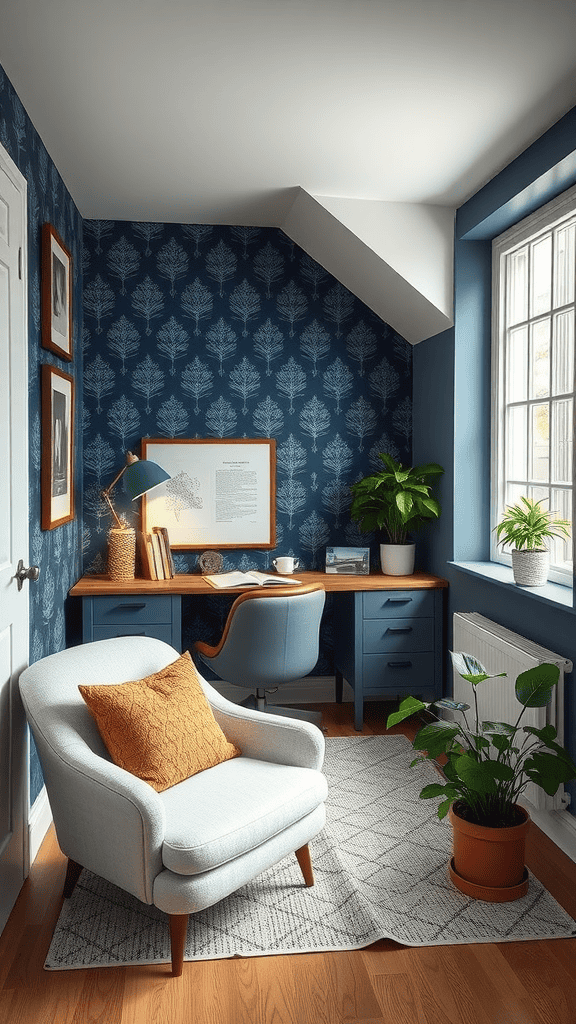 Cozy reading nook featuring navy accents, a comfortable chair, and a desk with plants.