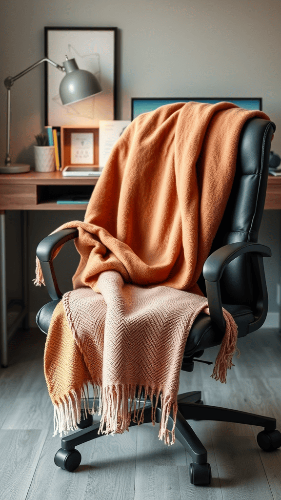 A cozy setup featuring colorful throw blankets draped over a black office chair in a warm-toned room.